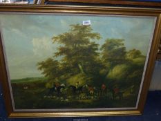 A large framed Print depicting a Hunting scene, 34 1/4" x 26 3/4".