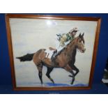 A large Watercolour of a horse and jockey at full gallop, no visible signature, 25" x 22".