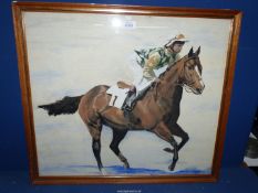 A large Watercolour of a horse and jockey at full gallop, no visible signature, 25" x 22".