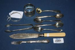 A quantity of silver including teaspoons, napkin ring, mustard spoon, sugar tongs, dessert fork,