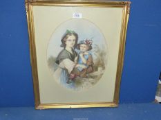 A gilt framed, oval mounted Watercolour depicting two young girls by a wooden fence,
