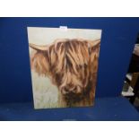 A modern Print on canvas of a Highland cow, 15 3/4" x 19 3/4".