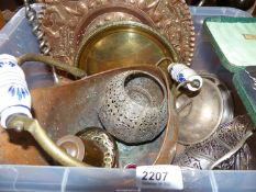 A quantity of mixed metals to include; chargers, Indian brass bowl, copper pot, copper coal scuttle,