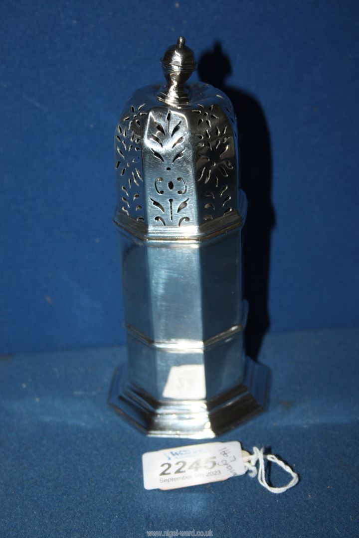 A Silver sugar Sifter, London 1923, makers Mappin and Webb (dented top), 166.7g, inscribed G.E.H.