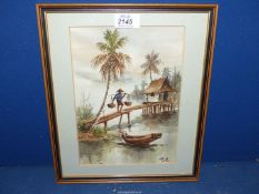 A framed and mounted Oriental Watercolour depicting a figure carrying baskets to hut on stilts,