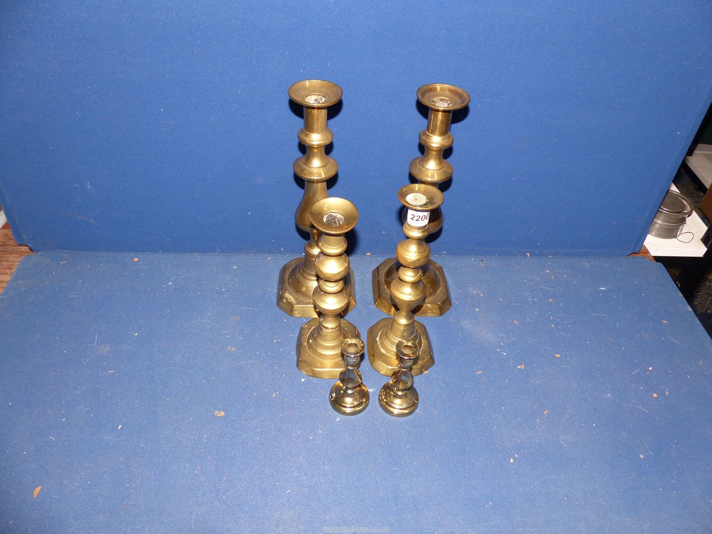 Three pairs of brass candlesticks, some with pushers. - Image 2 of 3