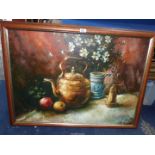 A large Oil on board signed lower right 'Peter Birch 97' depicting a Still Life of fruit, flowers,