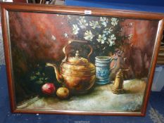 A large Oil on board signed lower right 'Peter Birch 97' depicting a Still Life of fruit, flowers,