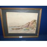 A framed and mounted Watercolour depicting Beach scene with boat and figures,