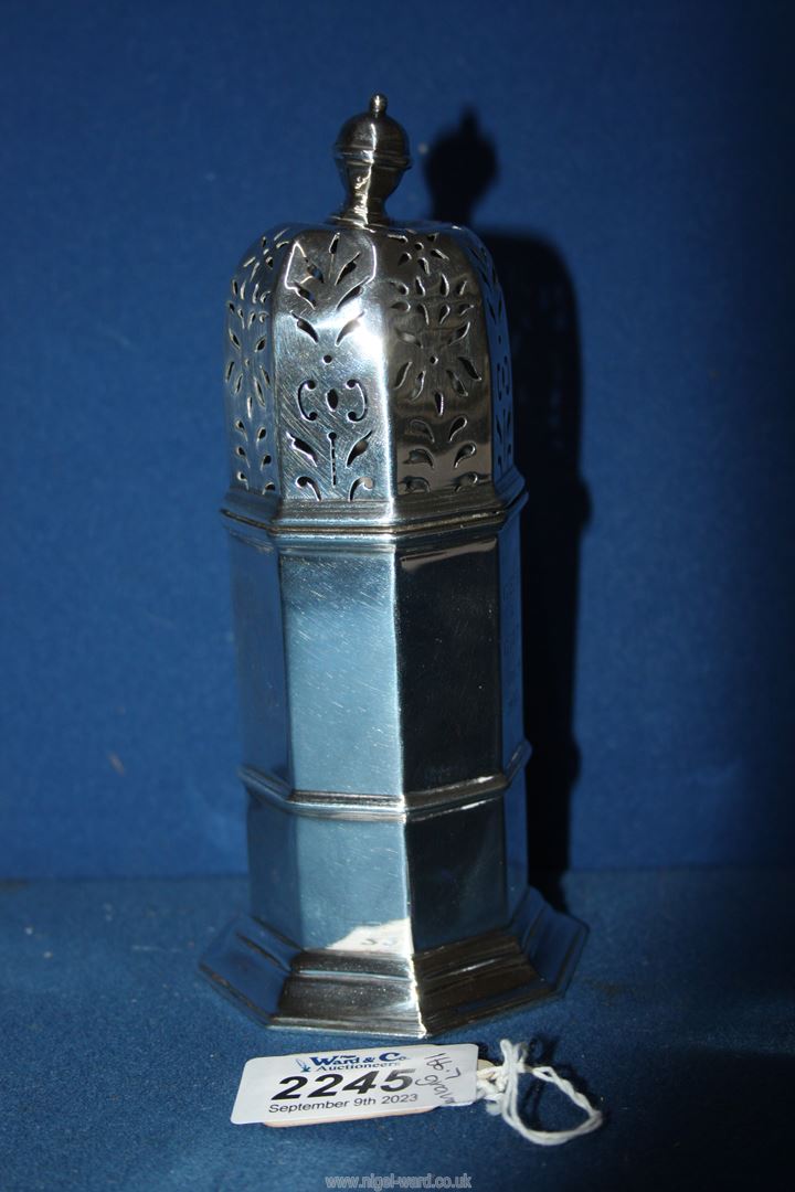 A Silver sugar Sifter, London 1923, makers Mappin and Webb (dented top), 166.7g, inscribed G.E.H. - Image 2 of 2