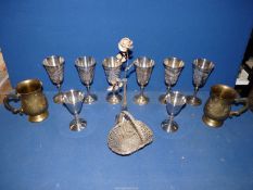 Six plated goblets plus two others, brass tankard, wire work basket and a bud vase with rose.