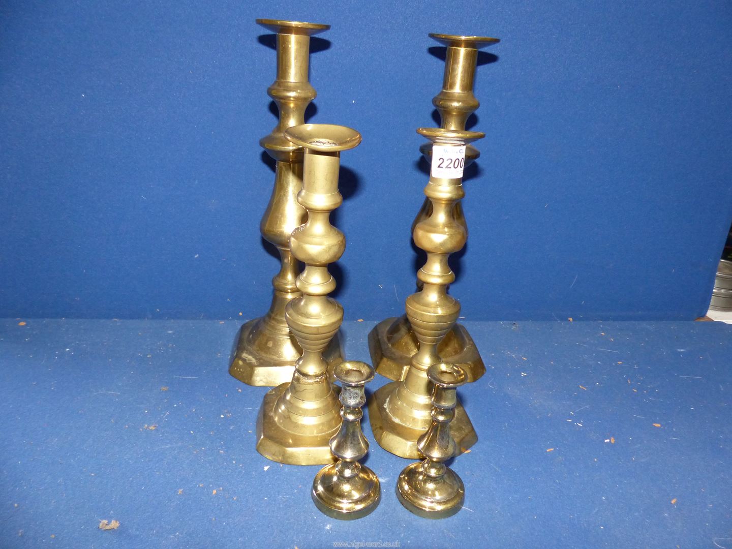 Three pairs of brass candlesticks, some with pushers. - Image 3 of 3