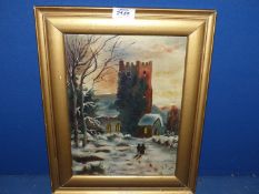 A framed Oil on canvas depicting two figures in winter landscape walking to evening service,