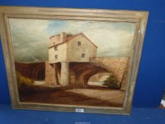 A framed oil on board depicting Monmouth Bridge, indistinctly signed. 23 1/2" x 19 1/2".