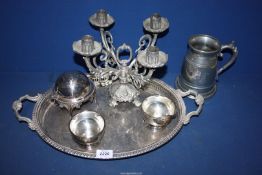 A quantity of EPNS to include; roll top butter dish with glass insert, candelabra, tray, dishes,