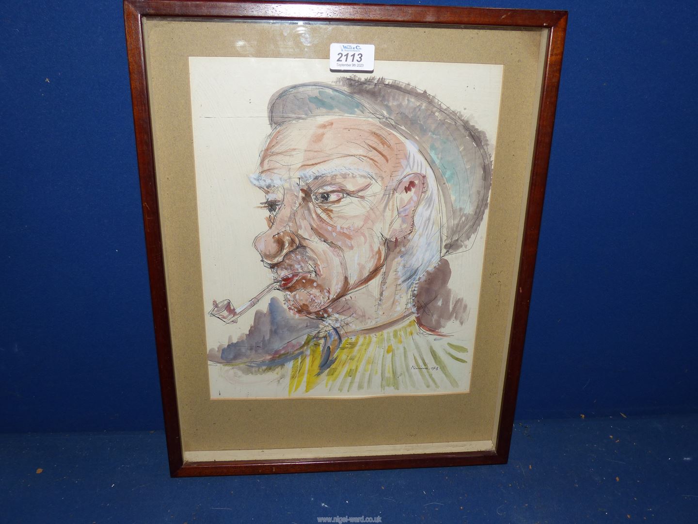 A Gouache portrait of a character with a pipe, signed Ninian and '68', from a Connemara sketchbook.