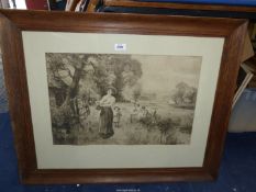 A wooden framed Ernest Walbourn Print depicting a Lady carrying a basket and two children with