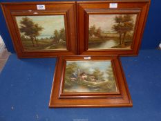 Three wooden framed Oil on canvas depicting country landscapes with cottages and rivers,