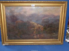 A large framed Oil on canvas depicting a herd of Highland Cattle by the waters edge,