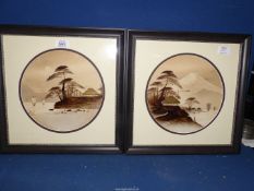 A pair of Japanese Watercolours in sepia of Mount Fuji and lakes, both highlighted in gilt,