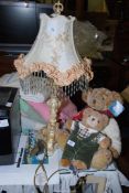 Two "Harrods" teddies and a table lamp.