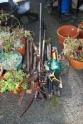 Quantity of garden tools, bow saw, log splitter, spade, and fork etc.