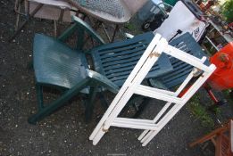 Two plastic green chairs and a wooden clothes airer - as found.