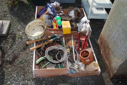 Loppers, garden shears, paints, wire cable, and crocus planter etc.