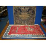 A Queen's commemorative Tapestry, 24" x 21" and a silk Chinese hanging with red background,