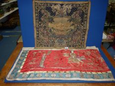A Queen's commemorative Tapestry, 24" x 21" and a silk Chinese hanging with red background,