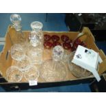 A quantity of glass including; Brierley brandy glasses, cut glass decanters (including; square,