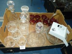 A quantity of glass including; Brierley brandy glasses, cut glass decanters (including; square,