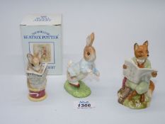 Three Royal Albert Beatrix Potter figures; Peter Rabbit, Foxy Reading and Tailor of Gloucester.