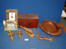 A quantity of treen including dish, boxes, fish, cocktail forks, etc.