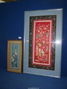 A large framed red and blue Chinese embroidery, 26" x 13", plus a smaller one.