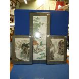 Three framed Japanese pictures on fabric, the largest of a geisha girl in garden 15'' x 36 3/4'',