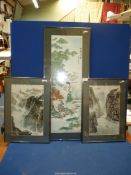 Three framed Japanese pictures on fabric, the largest of a geisha girl in garden 15'' x 36 3/4'',