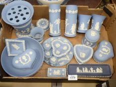 A quantity of mostly pale blue Wedgwood Jasperware including; flower vase,