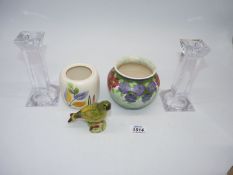 A pair of Villeroy & Boch glass candlesticks, Beswick greenfinch,