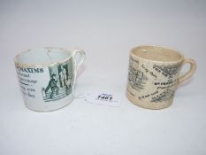 Two 19th Century mugs for Dr Franklin's Maxims, both with cracks, crazing and wear.