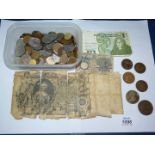 A tub of British and foreign coins and notes including 1910 note '100 Russian rubles' a/f.