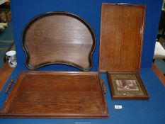 Three wooden trays including one shaped for use in bed plus a framed print 'Edwardian Parlour