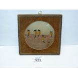 A circular velvet framed miniature Pen and Ink and watercolour of six Cats on a tiled roof gazing