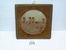 A circular velvet framed miniature Pen and Ink and watercolour of six Cats on a tiled roof gazing