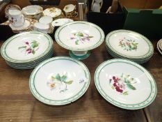 A floral botanical painted china dessert set; two comports, cake stand and nine dessert plates,