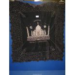 A black fabric Wall hanging depicting Taj Mahal in silver thread and sequins, dated 1943,