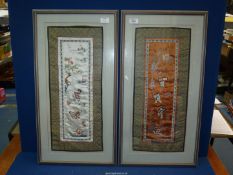 A pair of framed and mounted Silk embroidered pictures of Oriental figures in different poses.