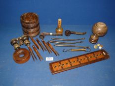 A quantity of Treen and miscellanea including dolly clothes pegs, pipe shafts and pipes,