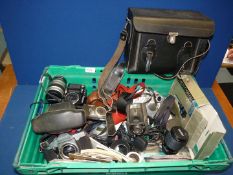 A box of cameras including Ensign Ful Vue, Praktica PLC3, Olympus Quickflash AFL-S, filters, lenses,