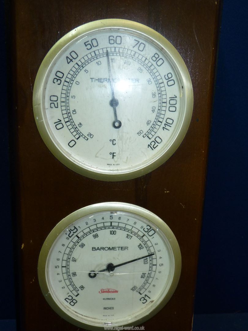A Sunbeam barometer with thermometer and humidity gauge, central dial cracked, 16'' high x 6'' wide. - Image 2 of 4